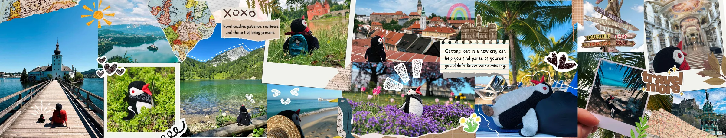 A collage of Miško’s travels: lakes, castles, old towns and beaches