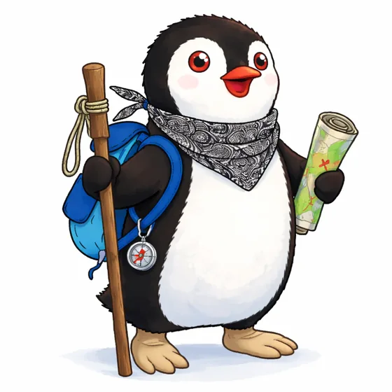 Miško ready for a hike with a walking stick, compass and map