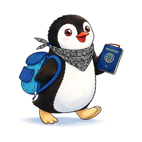 Miško the penguin with his backpack and passport